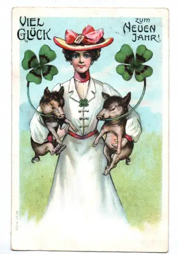 Litho Ak Frau mit Schweinen und Glücksklee Viel Glück im neuen Jahr 1905