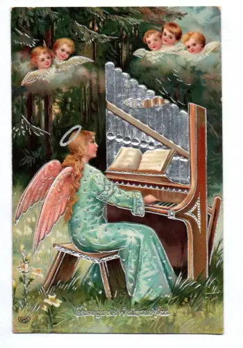 Ak Engel spielt Orgel silbergeprägt um 1910