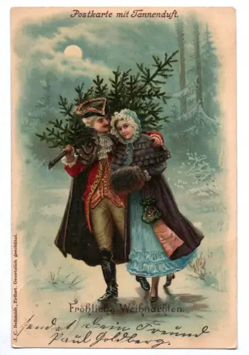 Litho Ak verliebtes Paar mit Tannenbaum Fröhliche Weihnachten 1907