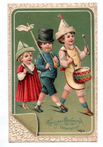 Litho Ak Kinder machen Musik Geburtstag stark geprägt 1910 Bahnpost