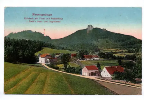 Ak Riesengebirge Rohrlach mit Forst und Falkenberg Buhls Gast und Logierhaus