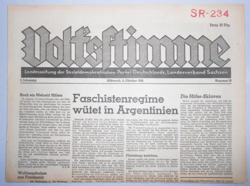 Zeitung Oktober 1945 Volksstimme Landeszeitung der SPD Sachsen Nr. 19