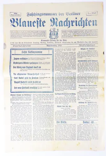 Zeitung Faschingsnummer der Berlin er Blaueste Nachrichten 1922 Aschermittwoch