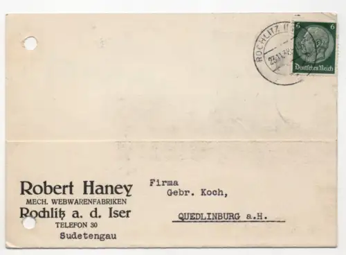 Drucksache Rochlitz an der Iser 1938 Webwarenfabrik Haney Sudeten 