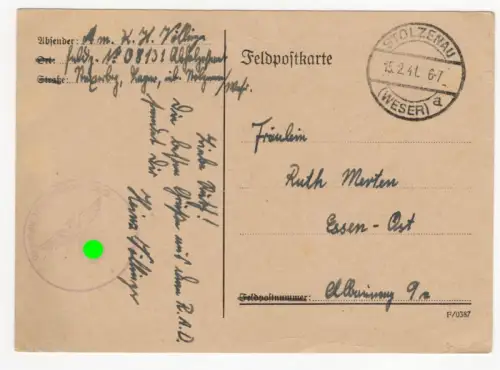 Feldpostkarte 08131 Stolzenau Weser 1941