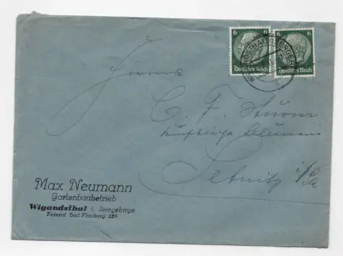 Brief Wigandsthal Isergebirge 1941 Gartenbaubetrieb nach Sebnitz