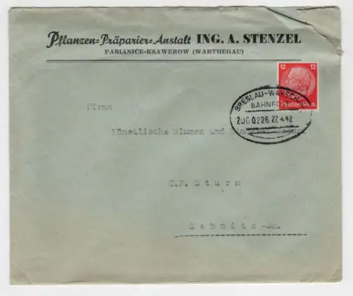 Brief 1942 Bahnpost Breslau Warschau Pflanzen Präparier Anstalt Pabianice Ksawer