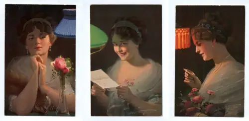 3x Künstler AK Junge Frau romantisch Frauenportrait Dame Haarschmuck