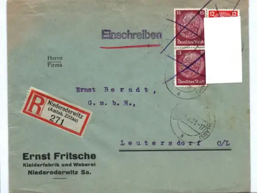 R-Brief Niederoderwitz 1934 Kleiderfabrik Weberei Einschreiben