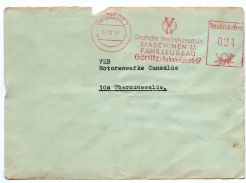 Brief Deutsche Handelszentrale Fahrzeugbau Görlitz 1952 DDR