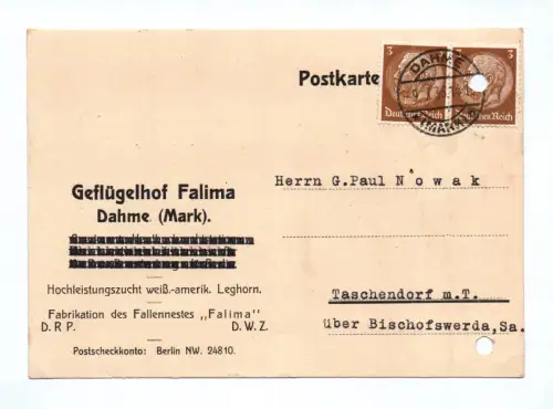 Postkarte Geflügelhof Falima Dahme Mark 1935