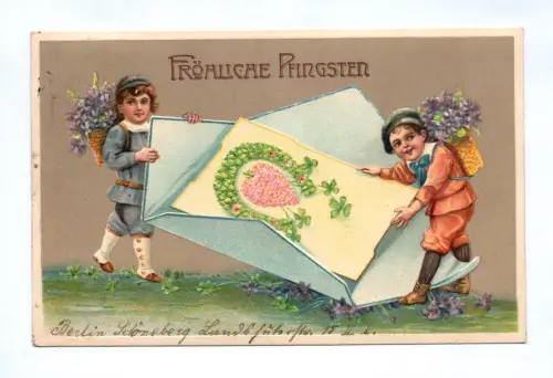 Künstler Ak Fröhliche Pfingsten Kinder Jungs mit großem Brief