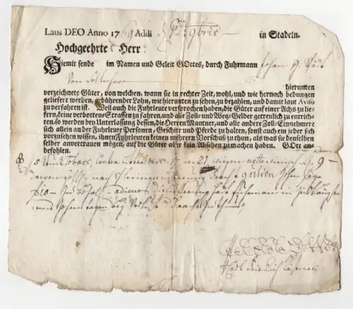 Dokument 1769 Fuhrmann Transportbeleg Stadeln