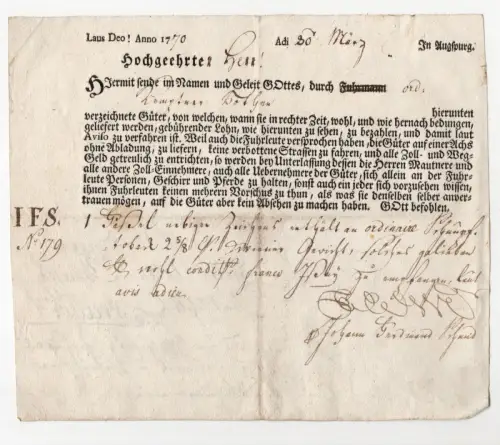 Augsburg Dokument 1770 Frachtschein Transportbeleg
