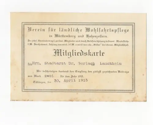 Mitgliedskarte Verein ländliche Wohlfahrtspflege Württemberg Hohenzollern 1913 T