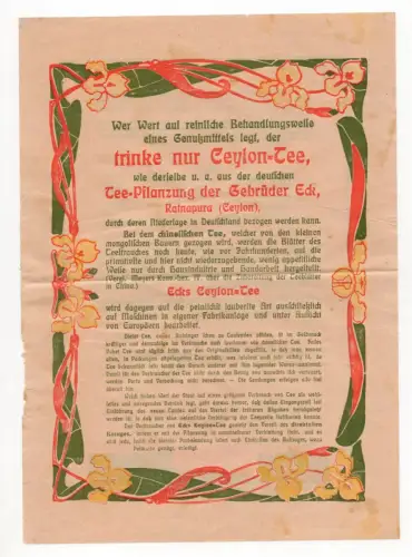 Jugendstil Werbeblatt Ceylon Tee um 1910 Martin Eck Oberursel