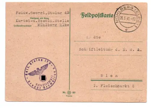 Feldpost Karte Stalag IV B 1941 Mühlberg Elbe Gruppe Verwaltung Stempel
