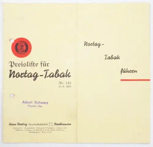 Preisliste Nortag Tabak Nordhausen 1935 Rauchtabak 