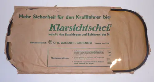 DDR Klarsichtscheibe Heckscheibe O.W.Wagner Rathenow Oldtimer Zubehör 