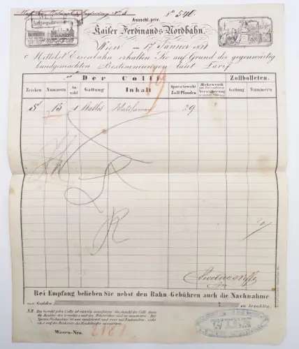 Dokument Kaiser Ferdinand Nordbahn 1861 Wien Frachtbrief 