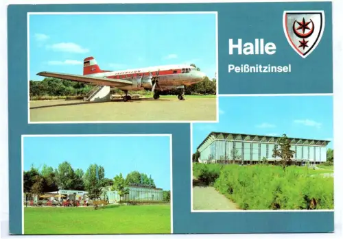 Ak Halle Saale Interflug Flugzeug IL14 Konsum Gaststätte Eissporthalle