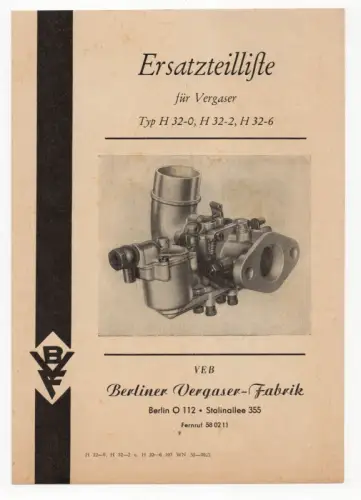Ersatzteil Liste für Berliner Vergaser 1955 Original