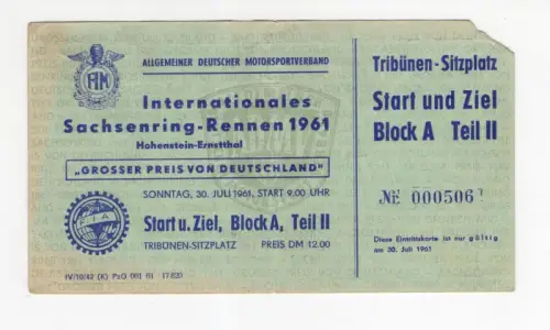 Eintrittskarte Großer Preis von Deutschland 1961 Sachsenring Rennen