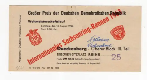 Eintrittskarte Großer Preis der DDR 1963 Sachsenring Rennen Queckenberg