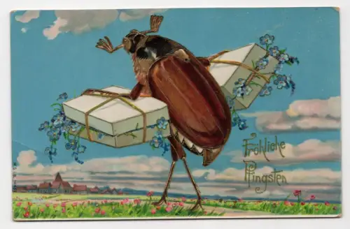 Ak Maikäfer mit Paketen Fröhliche Pfingsten um 1900