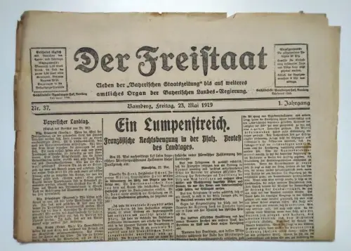 Der Freistaat 1919 Nr 37 Ein Lumpenstreich alte bayrische Zeitung