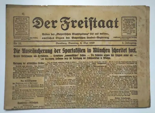 Der Freistaat 1919 Nr 22 Bamberg alte Zeitung München Ausräucherung