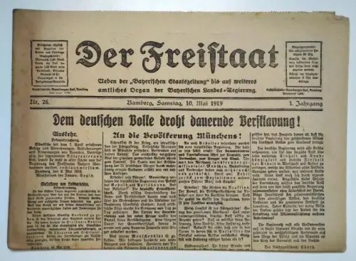 Der Freistaat 1919 Nr 26 dem deutschen Volke droht Versklavung