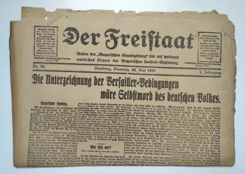 Der Freistaat Zeitung 1919 Nr 34 Unterzeichnung Versailler Bedingungen
