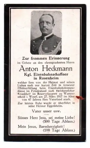 Sterbebild 1 Wk Eisenbahnschaffner Rosenheim Eisenbahn Kolonnendienst 1917