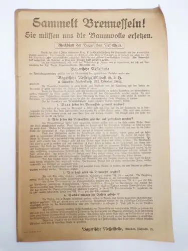 Aushang Flugblatt Sammelt Brennnessel Baumwolle ersetzen 1 Wk WW1
