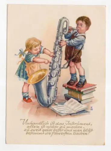 Künstler Ak Kinder mit Saxophon Walter Krauss Rodewisch 1956 DDR