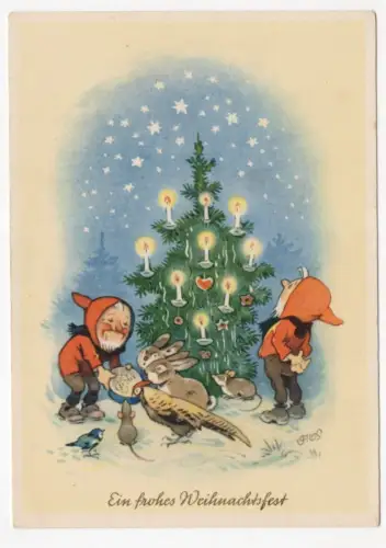 Ak Zwerge füttern Tiere Wichtel Fritz Baumgarten Weihnachtsfest 