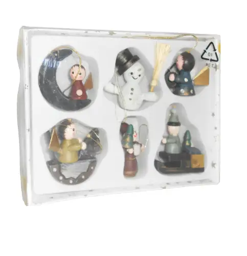 6 Holzfiguren Christbaumschmuck Aufhänger Schneemann Engel Schlitten Baumschmuck