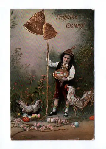 Künstler Ak goldgeprägt Kind mit Glocken Hühner