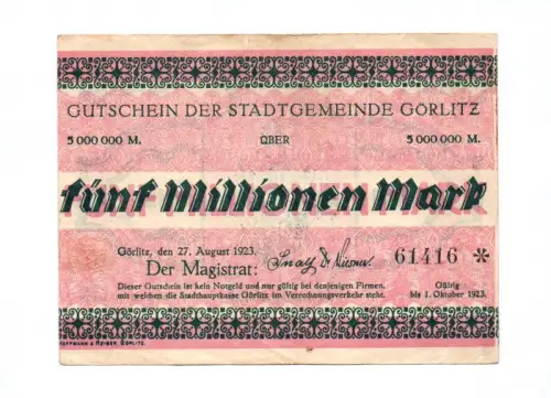 Gutschein der Stadtgemeinde Görlitz Fünf Millionen Mark 1923