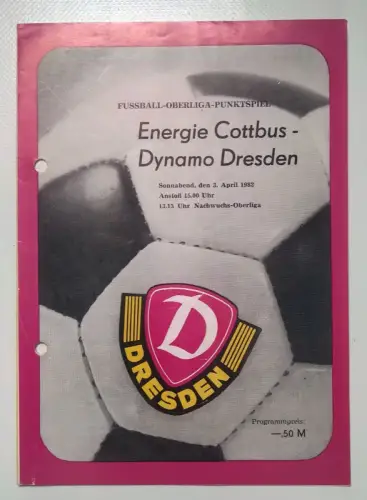 Fußball Programmheft 1982 Nachwuchs Oberliga Cottbus - Dynamo Dresden