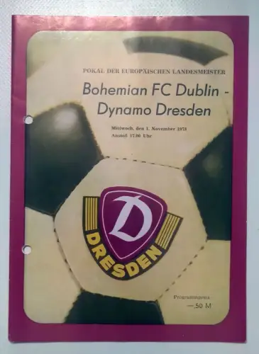 Fußball Programmheft 1978 Bohemian FC Dublin - Dynamo Dresden
