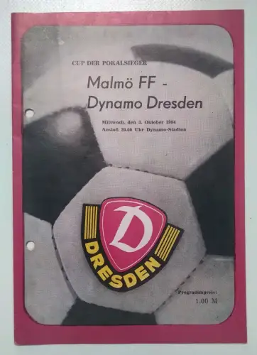 Fußball Programmheft Malmö FF - Dynamo Dresden 1984