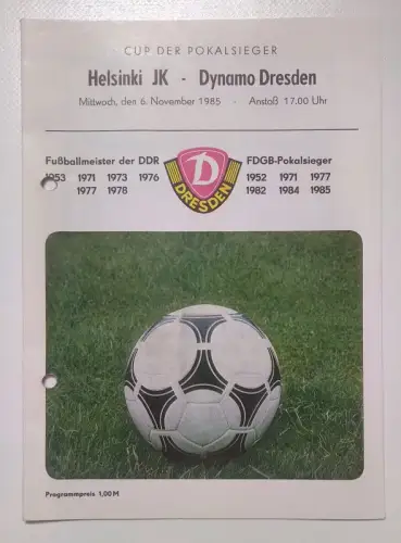 Fußball Programmheft Helsinki JK gegen Dynamo Dresden 1985