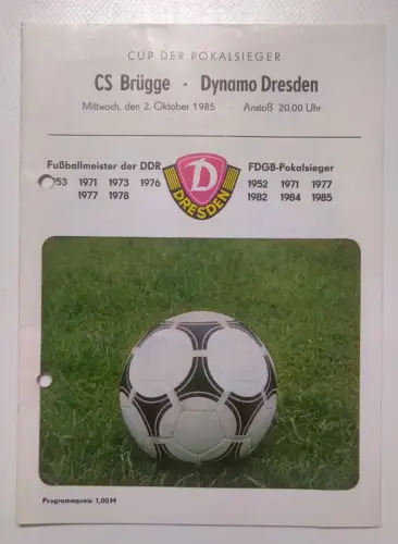 Fußball Programmheft CS Brügge - Dynamo Dresden 1985