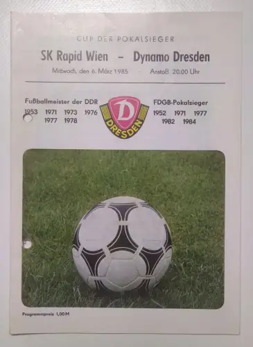 Fußball Programmheft SK Rapid Wien gegen Dynamo Dresden 1985