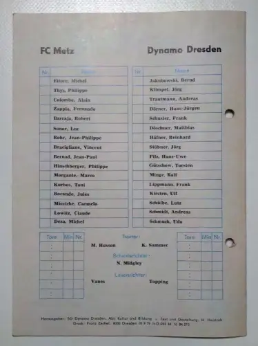 Fußball Programmheft FC Metz - Dynamo Dresden 1984