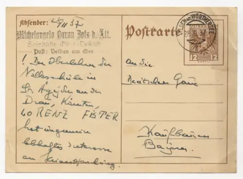 Autograph Baron Michelangelo von Zois der Ältere Zoishütte Ober Dellach 1937