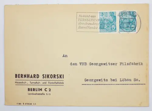 Firmen Brief Bernhard Sikorski Hausschuh Turnschuh Pantoffel Fabrik Berlin 1955