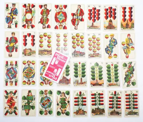 Altes Kartenspiel Pfeil und Feuer Glühkörper Berlin Skat 1930 Reklame